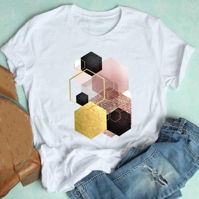 Camiseta corta de mujer con geometría