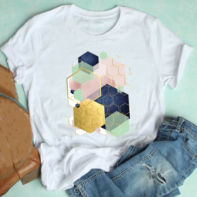 Camiseta corta de mujer con geometría